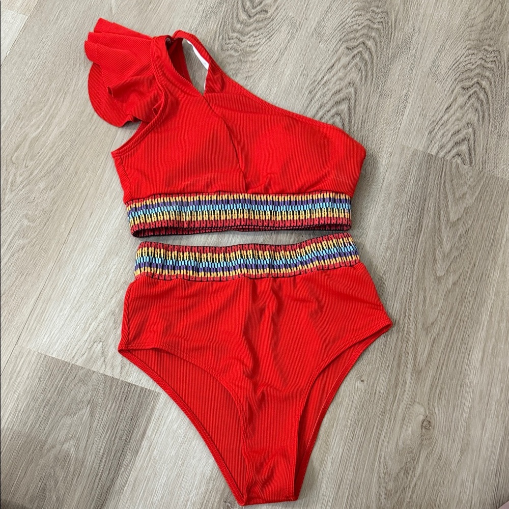 Women’s One-Shoulder Red Swim One-Piece with Multicolor Waistband